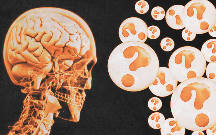 X-ray of person's skeleton and brain with cartoon question marks