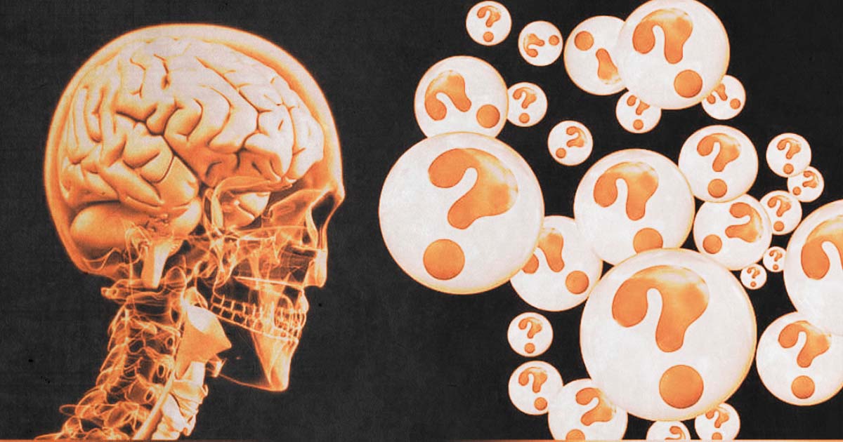 X-ray of person's skeleton and brain with cartoon question marks